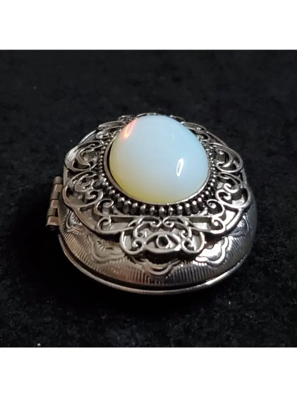 Vintage Locket Pendant Silver Tone Opalescent Cabochon 1.75